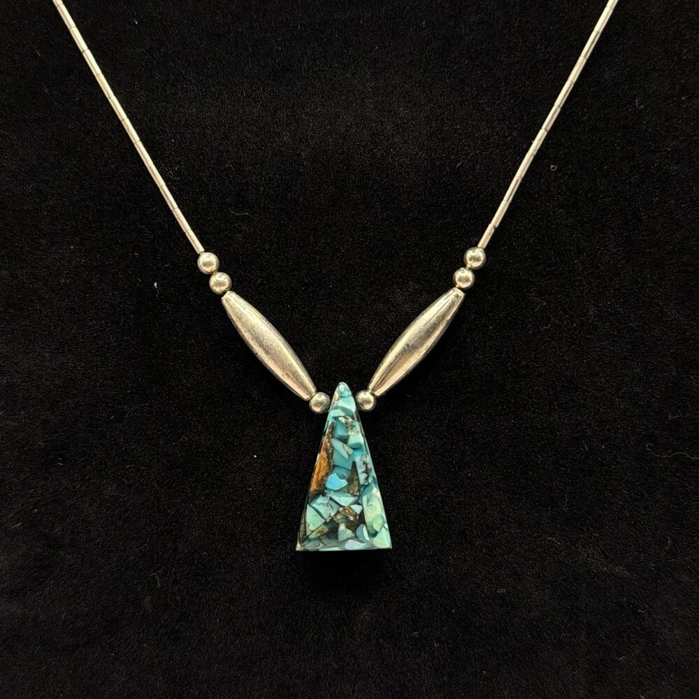 Liquid Silver Necklace w/ Crushed Turquoise Triangle Pendant Southwestern Style